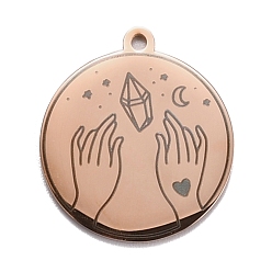 Rose Gold 304 Stainless Steel Pendants, Flat Round with Hand & Diamond, Rose Gold, 28x25x1.4mm, Hole: 2mm
