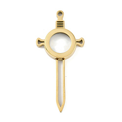 Настоящее золото 18K Ионное покрытие (IP) 304 медальон из нержавеющей стали, большие подвески, со стеклом, очарование меча, реальный 18 k позолоченный, 65x30x6 мм, отверстие : 3 мм