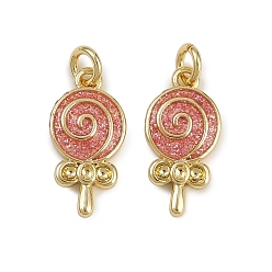 Pink Латунные эмалевые леденцы-подвески, реальный 18 k позолоченный, с блестящей пудрой и соединительным кольцом, стойки покрытие, долговечный, без кадмия и без свинца, розовые, 14.5x7x2 мм, отверстие : 3 мм