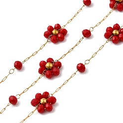 (123L) Белый крем непрозрачный блеск Ручная работа 304 цепочки из нержавеющей стали с бусинами, пайки, с 316 кабельными цепочками из нержавеющей стали, стеклянные бусины и катушка, ионное покрытие (ip), цветок, золотые, огнеупорный кирпич, Цветок: 9x8x3 мм