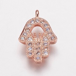 Розовое Золото Латунь прелести циркония кубической, hamsa рука / рука fatima / рука miriam, розовое золото , 12.5x8.5x2 мм, отверстие : 1 мм