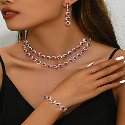 Рубин Двухслойные цепочки из цветочного сплава со стразами, серьги-гвоздики и браслеты, серебряные, рубин, 295 мм