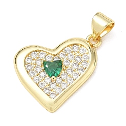 Green Brass Pave Cubic Zirconia Pendants, Heart Charms, Lead Free & Cadmium Free, Long-Lasting Plated, Rack Plating, Real 18K Gold Plated, Green, 16x20x3mm, Hole: 5x3.5mm