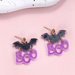 Фиолетовый Акриловые серьги-гвоздики со словом «бу» и летучей мышью, золотые, фиолетовые, 40x32 мм