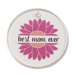Old Rose Mother's Day Opaque Acrylic Pendants, Flat Round with Word, Old Rose, 45x3mm, Hole: 3.5mm