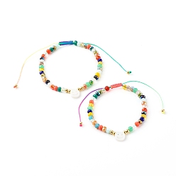 Colorful Electroplate Glass Nylon Thread Braided Bead Bracelets for Mom and Daughter, with Natural Shell Beads, Smile, Colorful, Inner Diameter: 2.01~3.07 inch(51~78mm), 1.69~2.64 inch(43~67mm), 2pcs/set 