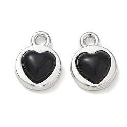 Platinum Alloy Enamel Pendants, Flat Round with Heart Charms, Rack Plating, Cadmium Free & Nickel Free & Lead Free, Platinum, 13x10x4.5mm, Hole: 1.8mm