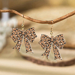 Фора Акриловые серьги-подвески ко Дню учителя, бантом с леопардовым принтом, с фурнитурой для сережек из сплава, золотые, оранжевые, 53.5x35 мм