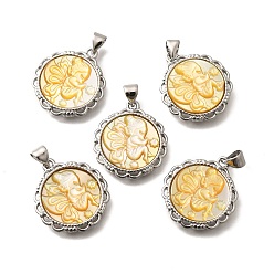 Платина Латунь с резными подвесками из натуральной ракушки, стойки покрытие, плоские круглые с феей, платина, 22x19.5x3.5 мм, отверстие : 3x4 мм