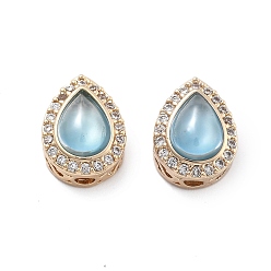 Настоящее золото 18K Латунные светло-голубые стеклянные каплевидные многорядные звенья, с четким кубического циркония, без никеля , реальный 18 k позолоченный, 11x8x7 мм, отверстие : 1.8 мм