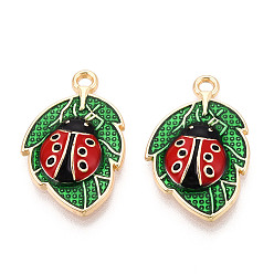 (123L) Белый крем непрозрачный блеск Подвески из эмали и сплава, без кадмия, без никеля и без свинца, золотой свет, Божья коровка и листик чарм, стойки покрытие, огнеупорный кирпич, 23x14.5x3.5 мм, отверстие : 1.6 мм