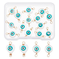 Real 18K Gold Plated 20Pcs 2 Style Natural Freshwater Shell Links, with Copper Wire, Evil Eye, Real 18K Gold Plated, 18.5x9x2.5~3.5mm, Hole: 1.5~3.5mm, 10pcs/style