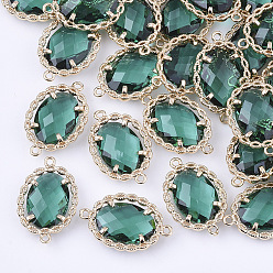 Морско-зеленый Прозрачные стеклянные соединители звеньев, с латунной фурнитурой , граненые, овальные, золотой свет, цвета морской волны, 21.5x14x5 мм, отверстие : 1.2 мм