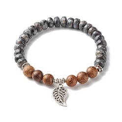 Labradorite Bracelet extensible en perles de bois de labradorite naturelle et de wengé reiki, bracelet à breloques en alliage de feuille pour fille femme, diamètre intérieur: 2-1/8 pouce (5.3 cm)