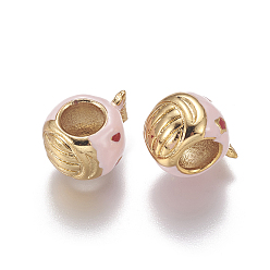 Pink Brass Enamel European Beads, Large Hole Beads, Long-Lasting Plated, Fish, Golden, Pink, 12x10x7.5mm, Hole: 5mm