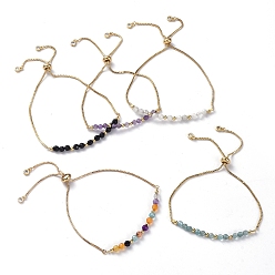 Смешанные камни Регулируемые браслеты-слайдеры из натурального камня, Боло браслеты, с латунной коробки цепей, цирконий, латунные круглые бусины и картонная упаковочная коробка, 9 дюйм (23 см)