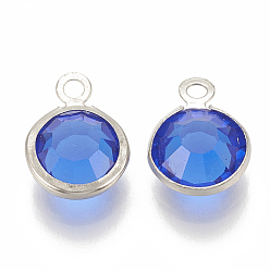 Синий Стеклянные прелести, с 304 вывод из нержавеющей стали, плоско-круглые, граненые, цвет нержавеющей стали, синие, 12x8.5x4 мм, отверстие : 1.5 мм
