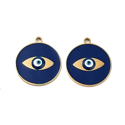 Evil Eye Ионное покрытие (ip) 316 хирургические подвески из нержавеющей стали, без никеля , с эмалью, реальный 18 k позолоченный, плоский круглый шарм, злые глаза, 20x18x2 мм, отверстие : 1.6 мм