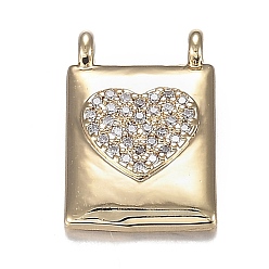 Real 18K Gold Plated Brass Micro Clear Cubic Zirconia Pendants, Long-Lasting Plated, Rectangle with Heart, Real 18K Gold Plated, 16.5x11x3mm, Hole: 1mm