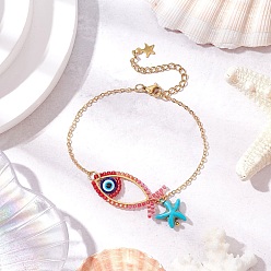 Красный Стекло бисер ссылаются браслеты, латунные кабельные цепи браслеты для женщин, рыба и морская звезда, с синтетической бирюзой и 201 фурнитурой из нержавеющей стали, красные, 7-3/8 дюйм (18.85 см)