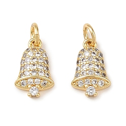Christmas Bell Рождественские латунные микропаве подвески из фианита, с целью перехода в кольце, без свинца и без кадмия, долговечный, стойки покрытие, реальный 18 k позолоченный, Рождественский колокольчик, 10.5x6.5x2.5 мм, отверстие : 2 мм