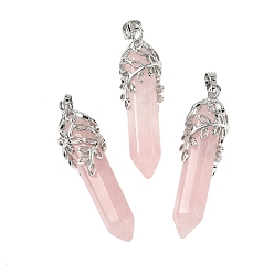 Розовый Кварц Природного розового кварца подвески, пулевые чары, с латунной отделкой в виде листа, без кадмия и без свинца, 44~46x11.5~12x12 мм, отверстие : 8x5 мм