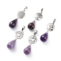 Аметист Чакра ювелирные изделия йога, Подвески из натурального аметиста , латунная фурнитура с платиновым покрытием, слеза и голос / символ ом / древо жизни / цветок жизни / звезда давида, 42~45 мм, отверстие : 8x5 мм