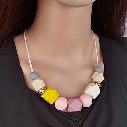 Pink Wooden Octagon Round Graduated Beaded Necklaces for Women, with Imitation Leather Cord, Golden, Pink, 19.69 inch(50cm)