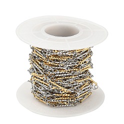 Golden & Stainless Steel Color Ion Plating(IP) 304 Stainless Steel Textured Bar Link Chains, Soldered, with Spool, Golden & Stainless Steel Color, 15x2x1mm, 3.5x2x0.3mm, about 32.81 Feet(10m)/Roll