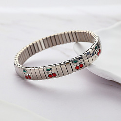 Нержавеющая Сталь Цвет 304 эластичные браслеты из нержавеющей стали с эмалью для женщин, вишня, цвет нержавеющей стали, внутренний диаметр: 2-1/8 дюйм (5.5 см)