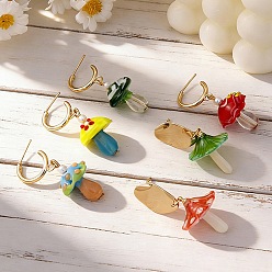 Mixed Color Alloy Stud Earrings, Handmade Lampwork Dangle Earrings for Women, Mushroom, Light Gold, Mixed Color, 43.5~44.5x15.5~20mm