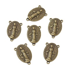 Antique Bronze Holy Oval Carved Virgin Mary Tibetan Style Alloy Chandelier Component Links, 3 Loop Connectors, Rosary Center Pieces, Antique Bronze, Lead Free & Cadmium Free & Nickel Free, 23x14.5x3mm, Hole: 1mm, about 470pcs/kg