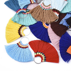 Mixed Color Polycotton(Polyester Cotton) Tassel Pendant Decorations, with Brass Findings, Fan, Platinum, Mixed Color, 40~45x48~57x3mm, Hole: 13mm