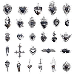 Platine Pendentifs en alliage de zinc, avec l'émail, amulettes cœur sacré/croix/crâne, platine, 18~53.5x15~54.5x3~5.5mm, Trou: 1.4~2.5mm