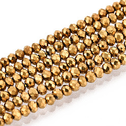 с Золотистым Покрытием Стеклянные бусины с гальваническим покрытием , полное покрытие, граненые, рондель, с золотым покрытием, 2x1.5 мм, отверстие : 0.6 мм, около 208~220 шт / нитка, 34~36 см