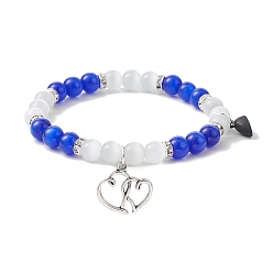 Couleur Mélangete 2pcs 2 ensemble de bracelets extensibles en perles rondes œil de chat de couleur pour la Saint-Valentin, bracelets de couple en alliage magnétique coeur, couleur mixte, diamètre intérieur: 2-3/8~2-1/2 pouce (6~6.5 cm), 1 pc / couleur