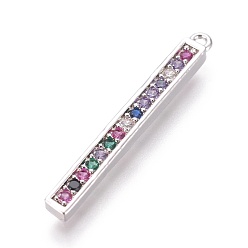 Platinum Brass Micro Pave Cubic Zirconia Pendants, Bar, Colorful, Platinum, 29x3x2mm, Hole: 1mm