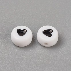 Schwarz Acryl Emaille Perlen, flach rund mit Herz, Schwarz, 6x3.5 mm, Bohrung: 1.5 mm