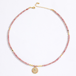 Родонит Кулон из нержавеющей стали с изображением сглаза, ограненные круглые бусы из натурального родонита для женщин, ионное покрытие (IP)., золотые, 15.75 дюйм (40 см)