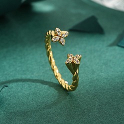 Золотой Манжеты из латуни с микро паве кубический цирконий для женщин, цветок, золотые, внутренний диаметр: 16~19 мм