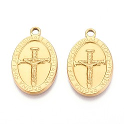 Настоящее золото 18K Ионное покрытие (ip) 201 подвески из нержавеющей стали, овал и крест с человеком, реальный 18 k позолоченный, 28.5x18x2.5 мм, отверстие : 2.5 мм