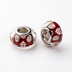 Темно-Красный Большое отверстие Rondelle смолы европейские шарики, с латунными двойными ядрами, платиновый оттенок, Рождество, темно-красный, 14x8 мм, отверстие : 5 мм