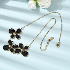 Золотой 304 Женские кулоны-нагрудники из нержавеющей стали с эмалированными черными цветами, золотые, 16.18 дюйм (41.1 см)