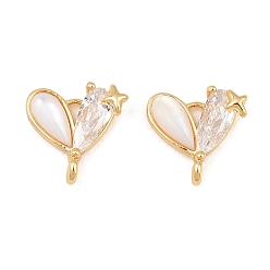 Oro Colgantes de conector de circonita cúbica transparente con pavé de latón, corazón con enlaces de estrellas, con cáscara natural, chapado en rack, larga duración plateado, dorado, 10x9x3 mm, agujero: 1.1~1.2 mm