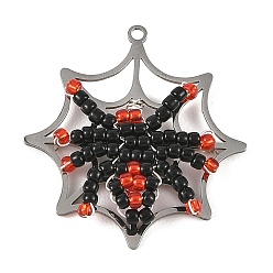 Stainless Steel Color Halloween 201 Stainless Steel & Glass Seed Beaded Pendants, Spider & Spider Web Charm, with Natural Black Onyx, Stainless Steel Color, 32x30x3mm, Hole: 1.6mm