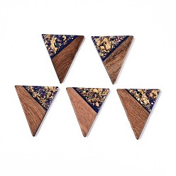 Темно-Синий Подвески из непрозрачной смолы и орехового дерева, треугольник прелести, с блестящей пудрой и золотой фольгой, темно-синий, 35~36.5x30.5~31x3~3.5 мм, отверстие : 2 мм