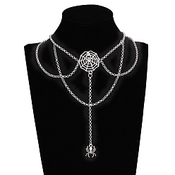 Античное Серебро Многослойные колье-чокеры с кисточками из цинкового сплава в виде паука и паутины на Хэллоуин, античное серебро, 13.78 дюйм (35 см), Кулон : 18x12 мм