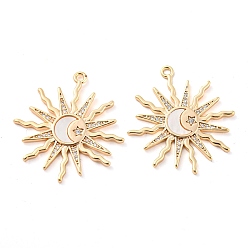 Настоящее золото 18K Латунные микропаве прозрачные подвески с фианитом, Солнечные обереги с натуральной пресноводной ракушкой Луна, реальный 18 k позолоченный, 26x23.5x2 мм, отверстие : 1.2 мм
