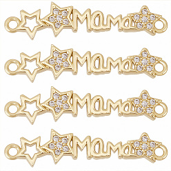 Golden 6Pcs Brass Micro Pave Clear Cubic Zirconia Links/Connectors, Word MAMA and Star, for Mother's Day, Golden, 5.5x26x2mm, Hole: 1.2mm