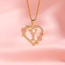 Letter Y Латунные кристаллы горный хрусталь полые розы сердце с подвеской в виде буквы для женщин, с розовым эмали, золотые, Письмо Y, 19.69 дюйм (50 см)
